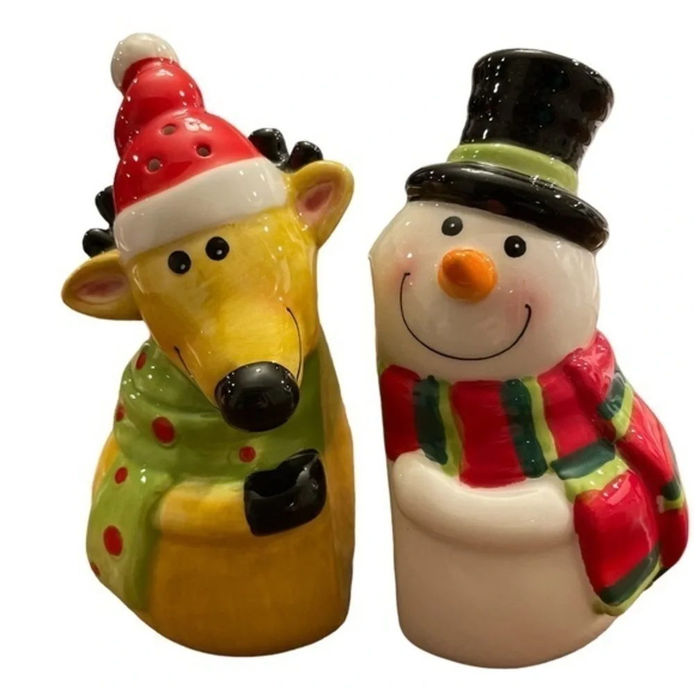 Ganz Holiday Christmas Ceramic Salt and‎ Pepper Shaker Set NWT Snowman Reindeer